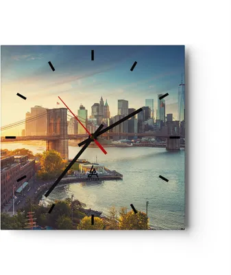 Produktbild von Wanduhr - Quadrat - Glasuhr - New York Brücke - 30x30cm - Schleichendes Uhrwerk - Lautlos - zum Aufhängen bereit - Dekoration Modern - Wanddekoration aus Glas - C3AC30x30-4047