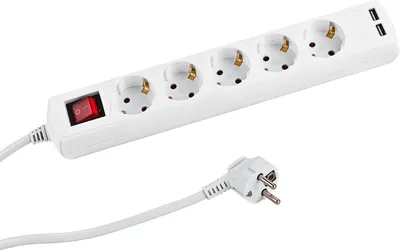 Produktbild von Steckdosenleiste 5-fach weiß mit Schalter, 2xUSB