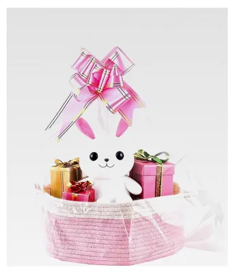 Produktbild von Präsentkorb Leer mit Geschenktüte und Schleife, großer Geschenkkorb aus Baumwolle mit Griffen für Geschenke, Körbe für Ostern, Babypartys, Weihnachten (Rosa Weiß)
