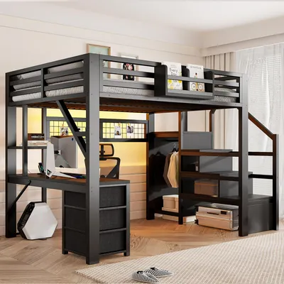 Produktbild von okwish 140×200 Hochbett mit LED und Kleiderschrank,Jugendbett mit 3 Schubladen und Schreibtisch,Funktionsbett in Schwarz,ohne Matratze