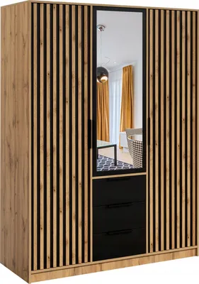 Produktbild von Furniture24 Kleiderschrank Bali D3 Lux Schlafzimmer 3 Türiger Drehtürenschrank 3 Schubkästen Schrank 1 Kleiderstange 5 Einlegeboden Spiegel Wotan Eiche Schwarz Lammelenschrank