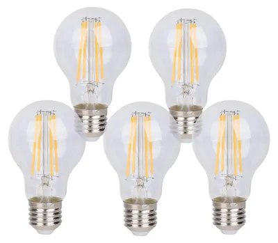Obrázok produktu pre Sada 5 LED žiaroviek E27 "DAFFY", výška 10,5 cm, teplá biela – pätica E27, 8 wattov, 900 lúmenov, kov a sklo, priehľadné – stmívateľné