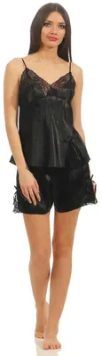 Produktbild von Damen Nachtwäsche Pyjama Set Kurz aus Satin & Spitze; Schwarz S