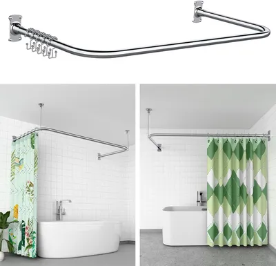 Image de Barre de douche en forme de U ou de L, en acier inoxydable, réglable avec support de plafond et 22 anneaux