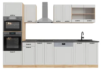 Produktbild von Küchenzeile Vicco R-Line Weiß Landhaus/Goldkraft Eiche 300 cm mit Hochschrank, ohne Arbeitsplatte, Model 53825