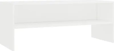 A white TV stand with a shelf.