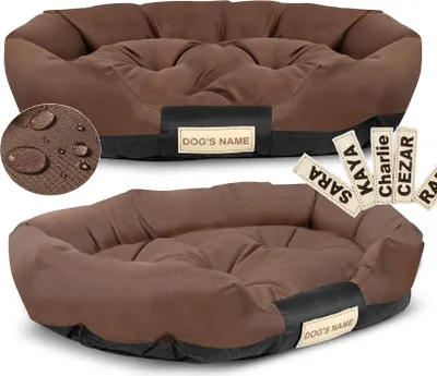 A collage of a brown dog bed with a close-up of its waterproof material and personalized name tags.