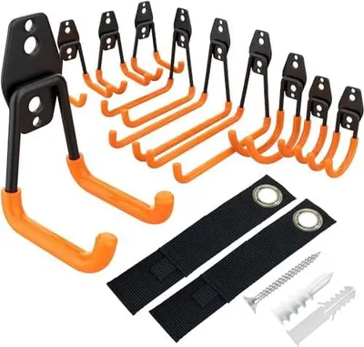 Produktbild von Kitmiido 12er Set Wandhaken für Garage | Schwerlast Doppelhaken | Platzsparende Aufbewahrung für Werkzeuge, Fahrräder, Sportausrüstung