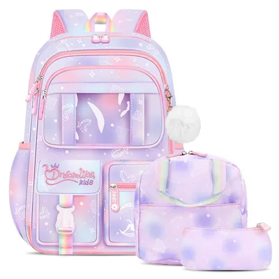 Immagine prodotto di Set di zaini per la scuola 3 in 1, color lilla, per bambine, con borsa per il pranzo e astuccio