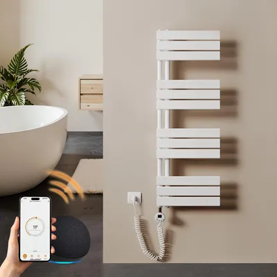 Zdjęcie produktu dla S'AFIELINA 1041×400mm Elektryczny grzejnik ręcznikowy, elektryczny grzejnik łazienkowy z termostatem, WiFi, programowalny timer, wyświetlacz LCD, 400 W, biały
