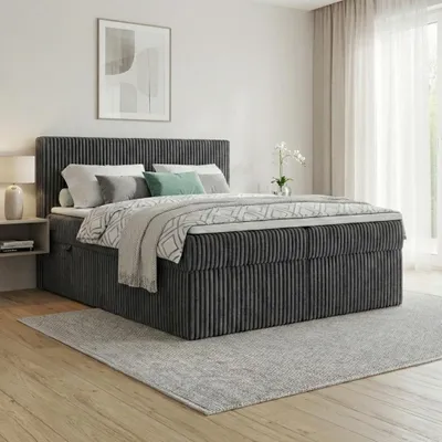 Produktbild von Boxspringbett RALF 160 x 200 cm mit Bettkasten, Topper und gepolstertem Kopfteil. Farbe: Dunkelgrau, Härtegraden: H4 , Topper: Visco-Topper
