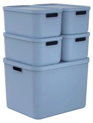 Produktbild von Rotho Aufbewahrungsboxen Set 5tlg. ALBULA light – Kunststoffbox mit Deckel – stapelbar & sicher – 48,9x40,7x71,4 cm – Plastikboxen für Aufbewahrung