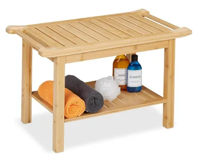 Image de Banc de salle de bain en bambou - Avec espace de rangement et poignées - 45 x 75 x 40,5 cm - Tabouret pour 2 personnes - Naturel
