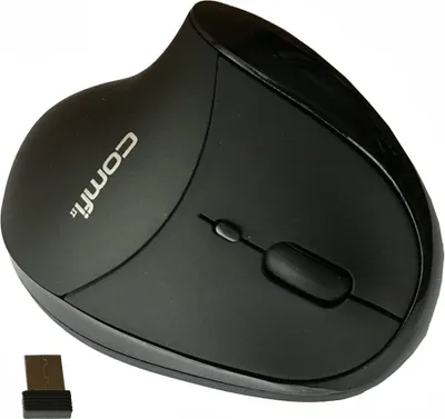 Produktbild von WowPen Comfi II Ergonomische Kabellose Vertikalmaus, Schwarz, Maße: B 74,9 x T 104,7 x H 65,4 mm, Optisch, 6 Tasten, 800/1200/2000 DPI, Daumenauflage, Rechtshänder, für Windows/Mac/Linux, beugt RSI vor, ideal für Frauen und Kinder