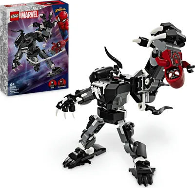 A LEGO Marvel Venom Mech vs. Miles Morales set, with the box on the left and the assembled toy on the right.