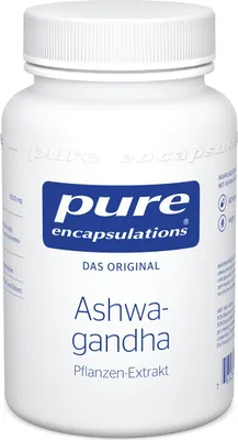 A white bottle of Pure Encapsulations Ashwagandha dietary supplement.