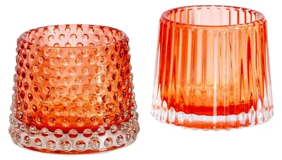 Produktbild von 2er Set Teelichthalter H7cm Glas Orange Kerzenhalter Tischdeko Retro Deko Windlichter