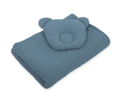 Immagine prodotto di Piumino in mussola con orsacchiotti e cuscino sagomato - Set da 2 pezzi - Blu sporco
