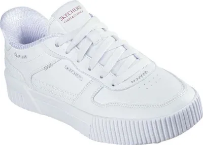 A white Skechers sneaker is shown from a side angle against a white background.