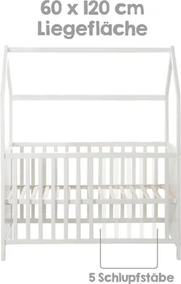 Obrázok produktu pre roba posteľ domček 60 x 120 cm, detská posteľ a posteľ na spoluspanie vo vzhľade domčeka, biela, nastaviteľná do 6 polôh