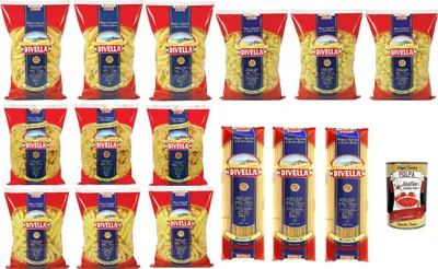 Produktbild von Divella Pasta Testpaket Bucatini - Canneroni Rigati - Penne Candela - Lumache - Farfalle, Italienische Nudeln aus Hartweizengrieß, 15x 500 g + Italian Gourmet polpa 400g