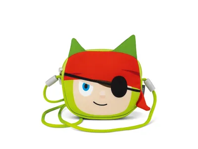A small, green, pirate-themed child's purse with a red bandana and black eye patch.