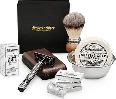 Produktbild von Störtebekker® Premium Rasierset - Rasierhobel Schwarz – inkl. Echtlederetui (Café) - Rasierseife Kokos Duft - Rasurset / Bartpflege Set