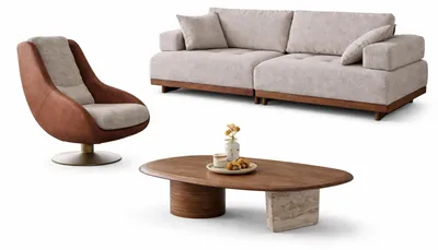 Zdjęcie produktu dla Zestaw do salonu w nowoczesnym stylu, w odcieniach beżu, wygodna sofa z tapicerką materiałową