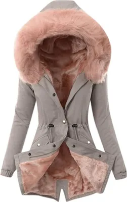 Produktbild von ASKSA Winterjacke Damen Warm Gefüttert Lang Parka Jacke Mantel Mittellang mit Kapuze Dicke Fleecejacke, Grau/Rosa, XL