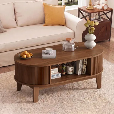 Imagen del producto de Mesa de centro ovalada REMZETTA, de 100 x 50 x 40,5 cm, con aspecto de nogal, mesa para el salón con 2 tapas abatibles, espacio de almacenamiento oculto, un compartimento abierto y bisagras de cierre suave, Imagen generada por IA