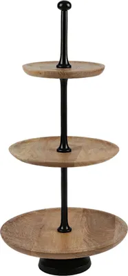 Produktbild von Etagere 3-stöckig Mangoholz mit Metallstange Ø28/23,5/17,5 cm Höhe 58 cm – stilvolle Holzetagere mit Metallstange für Obst Gebäck oder Deko, rustikal und elegant für Tisch & Buffet, Farbe:schwarz