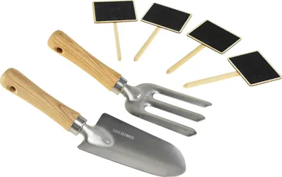 Produktbild von Gartenwerkzeug-Set mit Edelstahlharke, Schaufel und Holzbeetsteckern