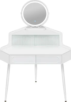 A white corner vanity table with a lighted mirror.