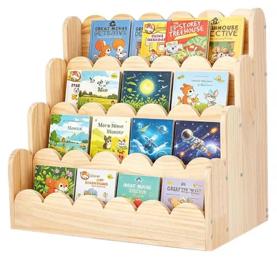 Bücherregal mit 4 Ebenen, Holz, Muschelkanten, 42x25x40 cm