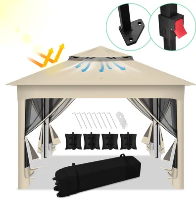 Immagine prodotto di Clanmacy Gazebo pieghevole pop-up 3,3x3,3x2,7 m con ombrellone, zanzariera, borsa per il trasporto, sacchi di sabbia, protezione UV, doppio tetto con fori di ventilazione, beige