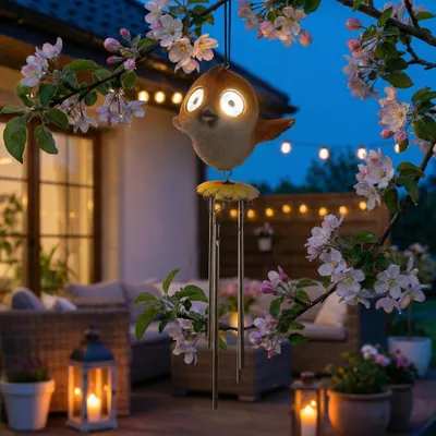 Produktbild von LED Solar Windspiel Vogel - Klangspiel mit Vögelchen mit leuchtenden Augen - H: 29cm - Lichtsensor