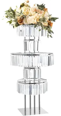 Immagine prodotto di Supporto per fiori in cristallo - Piedistallo da tavolo - Decorazione a 5 piani - Set da 2 pezzi, 110 cm - Centrotavola rotondo per matrimoni e feste - Argento