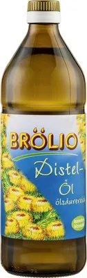 A bottle of Brölio Distelöl (Safflower Oil) with a label featuring dandelions.