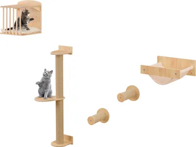 Produktbild von COSTWAY 5 PCS Kletterwand Katzen, Kratzbaum mit Plattformen, Sisalpfosten, Hängematte & Katzenbett, Katzenhaus Katzentreppe Kletterbaum Holz Natur