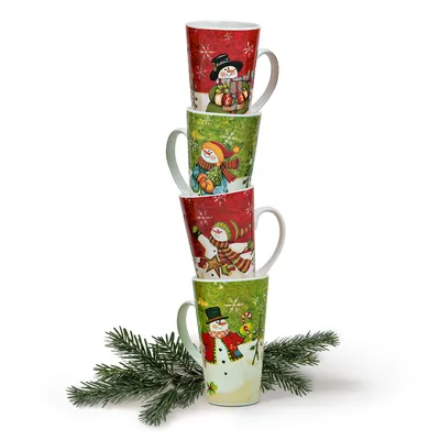 Produktbild von matches21 Große XXL Jumbo Becher Tassen Weihnachtsmotiv Schneemann 4-tlg. Set 15cm / 500ml Keramik grün rot