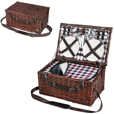 Imagen del producto de Cesta de picnic Varese, para 4 personas, cesta trenzada con tapa, incluye juego de platos, cubiertos, vasos y sacacorchos, cesta de mimbre, color marrón oscuro