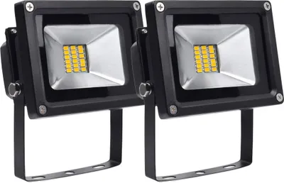 Two black LED floodlights with silver reflectors and yellow LED lights are shown against a white background.