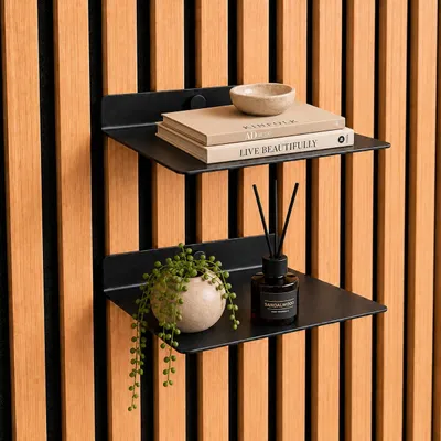 Produktbild von Vleugel Wandregale für Akustikpaneele - Metall - 2 Stück - 15 cm - Schwarz - Ohne Bohren - Universell 10-18 mm