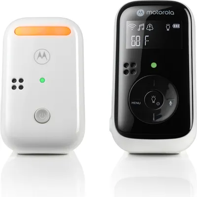A white baby monitor parent unit and a black baby monitor child unit are shown side-by-side against a white background.