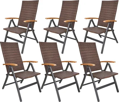 Produktbild von BRUBAKER 6er Set Polyrattan Gartenstuhl Modena - Hochlehner aus Metall und Poly Rattan klappbar - 7-Fach verstellbare Rückenlehne - wetterfester Faltstuhl/Klappstuhl - Braun Grau