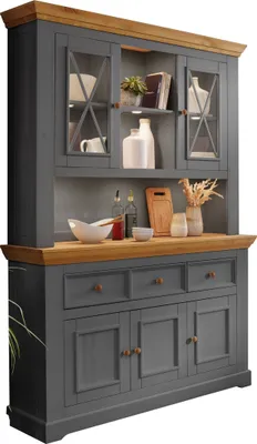 Produktbild von Buffet "WZ-0133" aus Kiefer massiv in grau mit 3 Schubladen und 5 Türen. Abmessungen (BxHxT) 149x214x42 cm