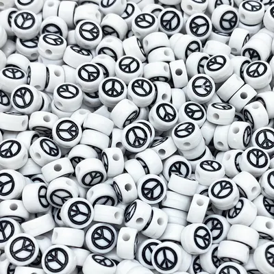 Produktbild von Bastelperlen rund 100 Stück, 7 x 4 mm rund, weiße Perlen mit schwarzem Peace-Symbol