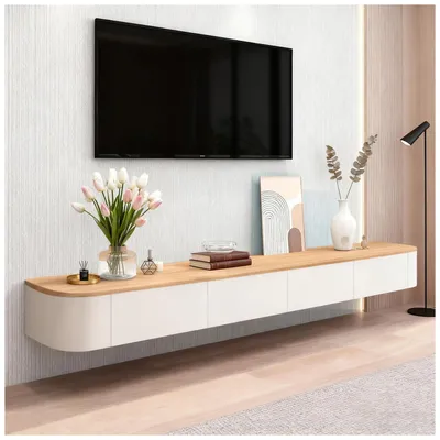 Image de Meuble TV suspendu, 240 cm, couleur marron, avec 2 tiroirs et 2 portes