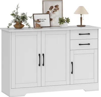 Image de HOMCOM Buffet salon, meuble de rangement avec 3 portes, 2 tiroirs et étagère réglable, style moderne, buffet salle à manger et cuisine, 120 x 38 x 79 cm, blanc