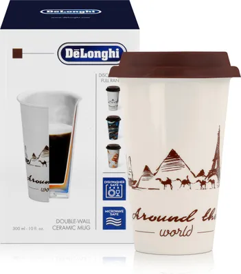 A DeLonghi ceramic mug with a travel-themed design, shown next to its packaging.